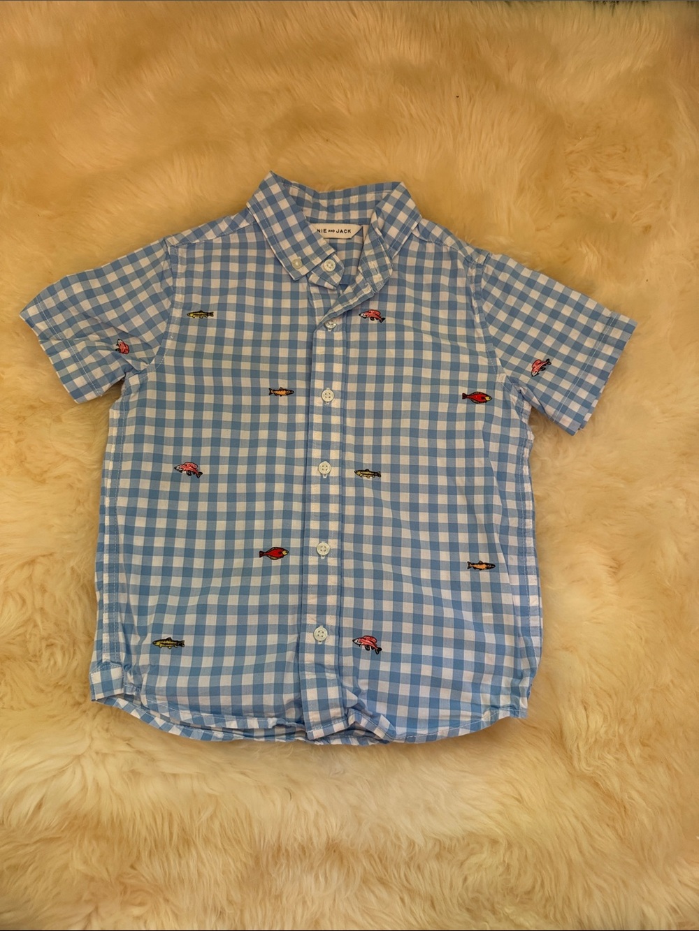 Janie and Jack Blue Gingham Short-Sleeve Button-Down with Fish Embroidery
